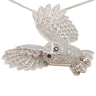 Silver owl pendant with white zirconia stones