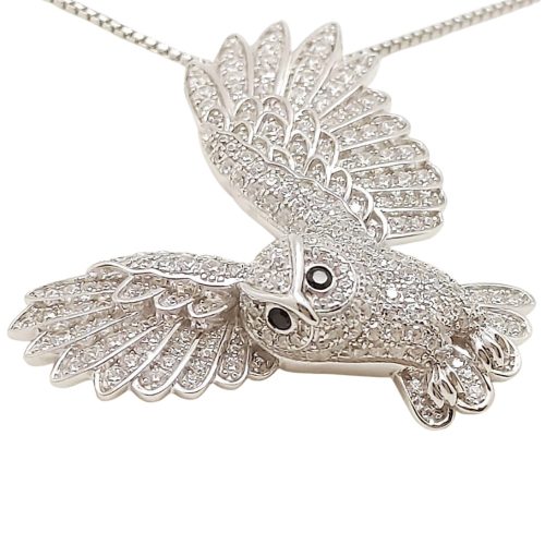 Silver owl pendant with white zirconia stones