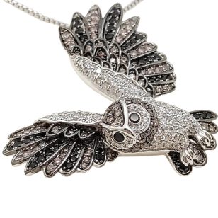 Silver owl pendant with black and brown zirconia stones
