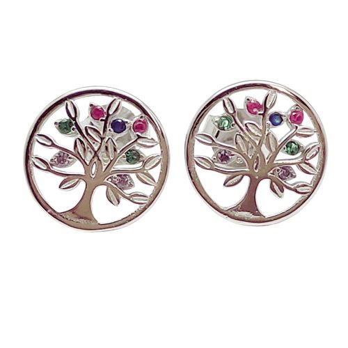 Silver tree of life earrings with 7 colored zirconia stones