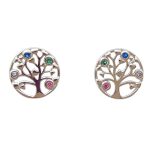 Silver tree of life earrings with 4 colored zirconia stones and heart leaves