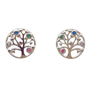   Silver tree of life earrings with 4 colored zirconia stones and heart leaves