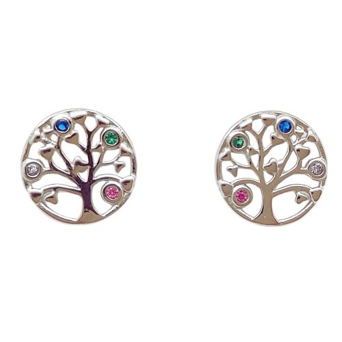 Silver tree of life earrings with 4 colored zirconia stones and heart leaves