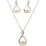 Silver jewelry set with pendant and earrings featuring pearls and zirconia stones