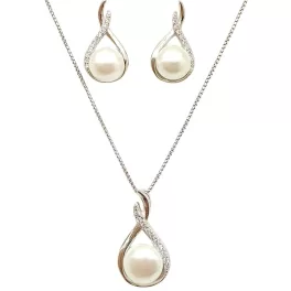  Silver jewelry set with pendant and earrings featuring pearls and zirconia stones