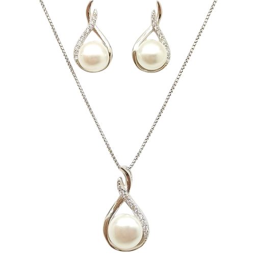 Silver jewelry set with pendant and earrings featuring pearls and zirconia stones