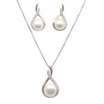 Silver jewelry set with pendant and earrings featuring pearls and zirconia stones