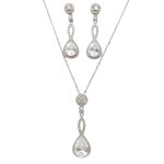 Silver drop jewelry set with earrings, necklace, and pendant featuring zirconia stones