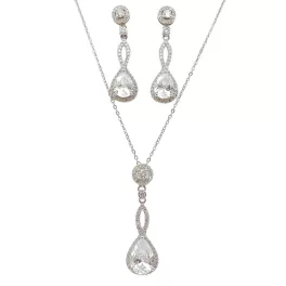   Silver drop jewelry set with earrings, necklace, and pendant featuring zirconia stones
