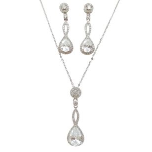   Silver drop jewelry set with earrings, necklace, and pendant featuring zirconia stones