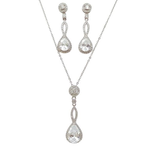 Silver drop jewelry set with earrings, necklace, and pendant featuring zirconia stones