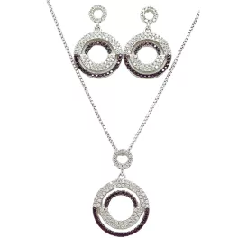   Silver jewelry set with pendant and earrings featuring black and white zirconia