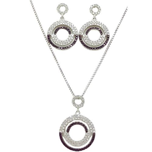 Silver jewelry set with pendant and earrings featuring black and white zirconia