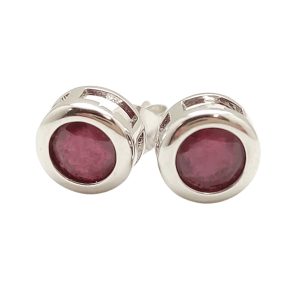 Silver earrings with ruby stones in button settings