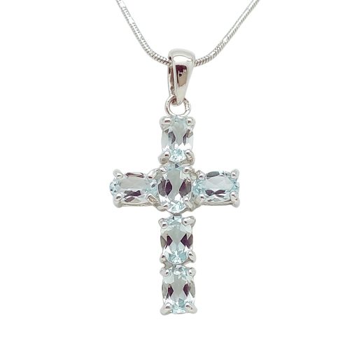 Silver cross pendant with genuine blue topaz