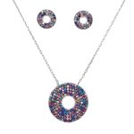Silver necklace and earrings set with colorful zirconia stones