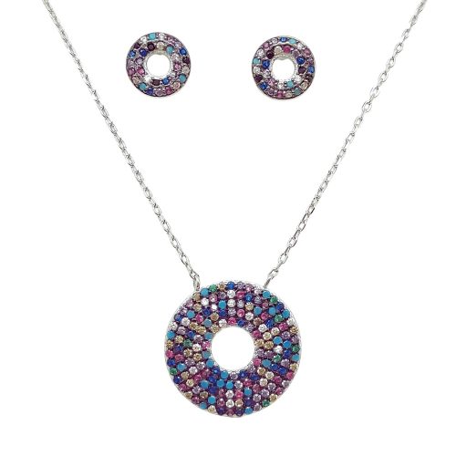 Silver necklace and earrings set with colorful zirconia stones