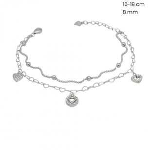 Silver bracelet with dangling heart pendants