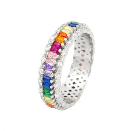 Silver Infinity ring with colorful zirconia stones in a circle