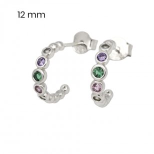 Silver half-hoop earrings with colorful studs