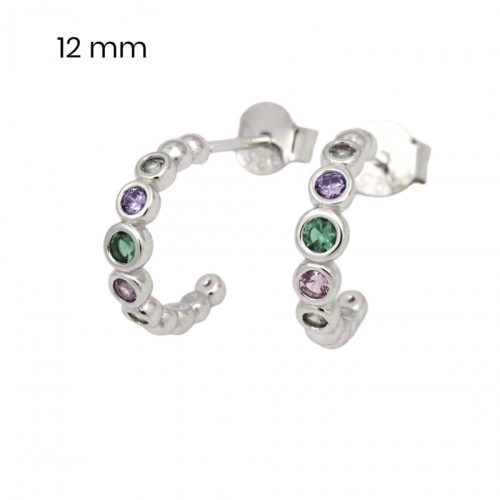 Silver half-hoop earrings with colorful studs