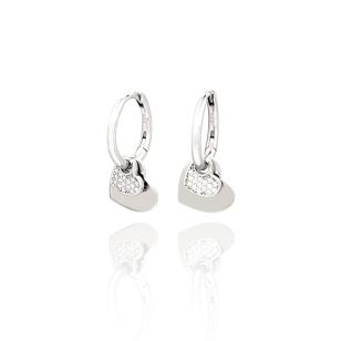 Small silver hoop earrings with dangling hearts