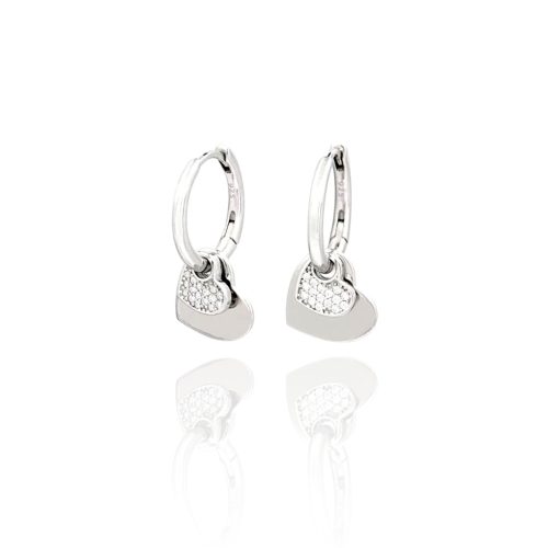 Small silver hoop earrings with dangling hearts