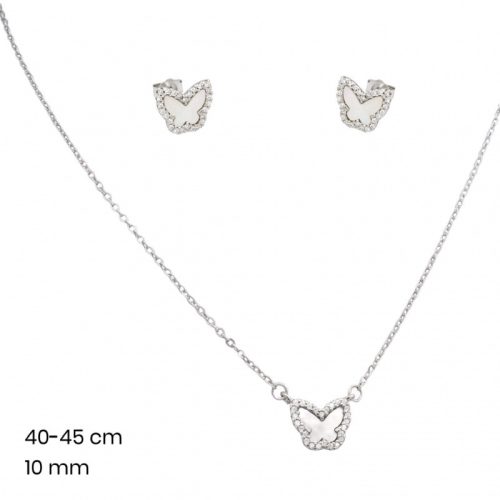 Silver chain with mother-of-pearl butterfly pendant and earrings