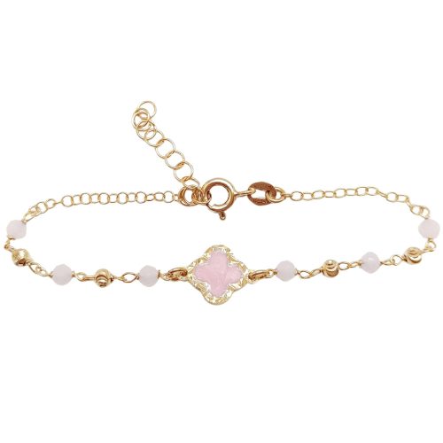Gold-plated silver bracelet with pink four-leaf clover