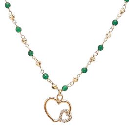 Silver necklace with green malachite beads and heart pendant