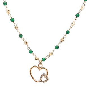Silver necklace with green malachite beads and heart pendant