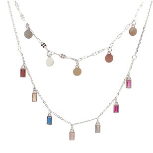 Silver necklace with a double row of colored zirconia stones