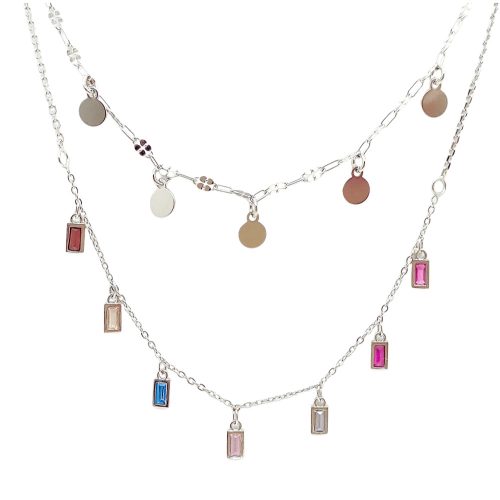 Silver necklace with a double row of colored zirconia stones