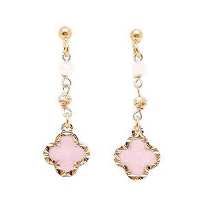   Gold-plated silver drop / dangle earrings with pink four-leaf clovers