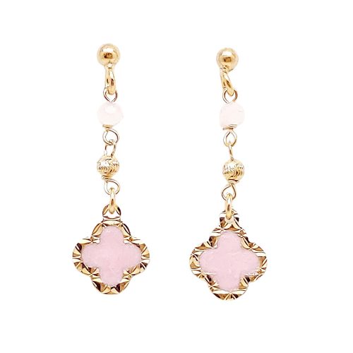 Gold-plated silver drop / dangle earrings with pink four-leaf clovers