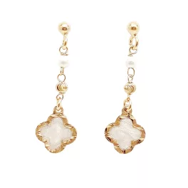   Gold-plated silver drop earrings with dangling mother-of-pearl four-leaf clovers