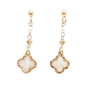   Gold-plated silver drop earrings with dangling mother-of-pearl four-leaf clovers