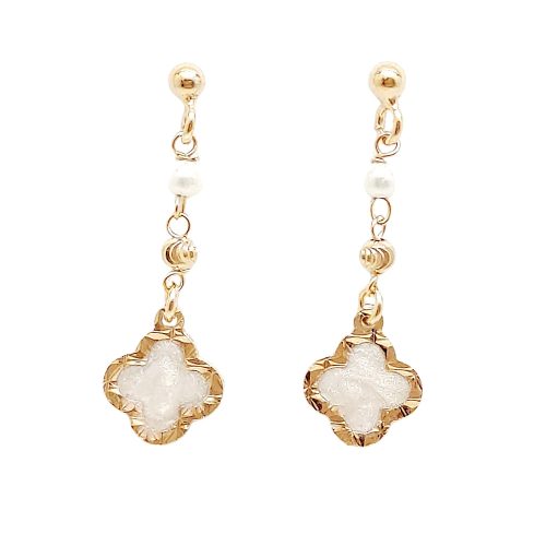 Gold-plated silver drop earrings with dangling mother-of-pearl four-leaf clovers