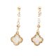 Gold-plated silver drop earrings with dangling mother-of-pearl four-leaf clovers