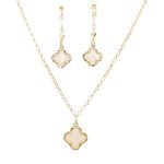 Gold-plated silver drop earrings with dangling mother-of-pearl four-leaf clovers