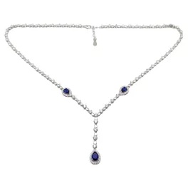 Silver necklace with blue stones and dark blue drop
