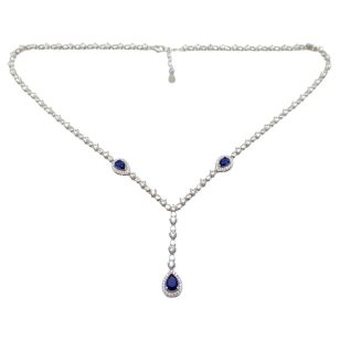 Silver necklace with blue stones and dark blue drop