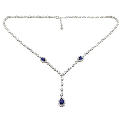 Silver necklace with blue stones and dark blue drop