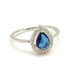Silver ring with blue stones, dark blue drop 