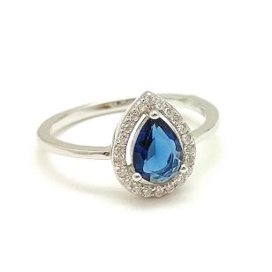 Silver ring with blue stones, dark blue drop 