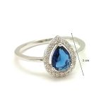 Silver ring with blue stones, dark blue drop 