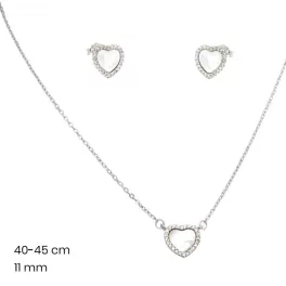   Silver heart jewelry set with necklace and earrings featuring mother-of-pearl