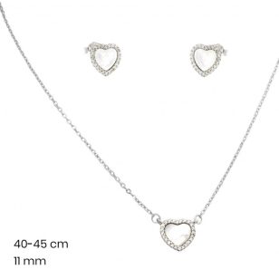   Silver heart jewelry set with necklace and earrings featuring mother-of-pearl