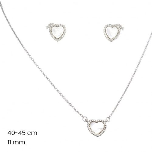 Silver heart jewelry set with necklace and earrings featuring mother-of-pearl