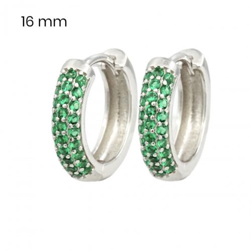 Small silver hoop earrings with green stones